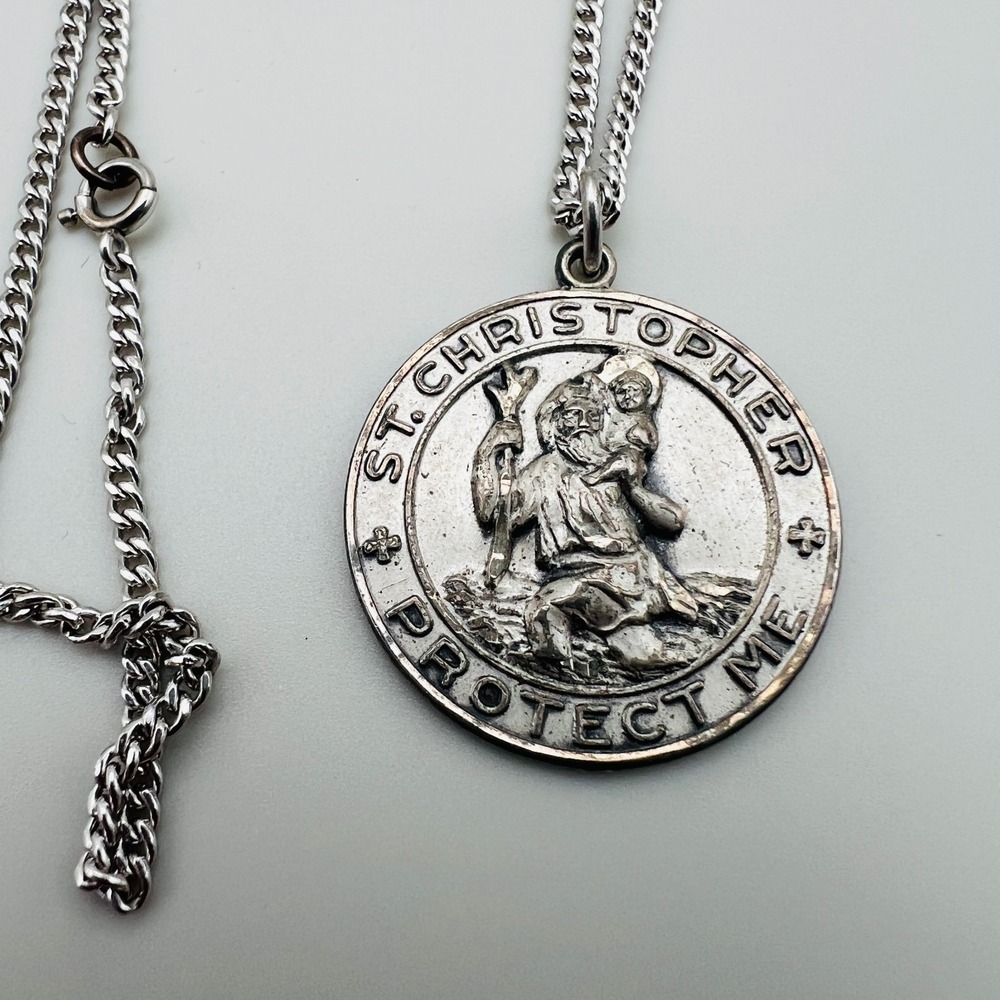 St Christopher Medal Necklace Sterling Silver Religious Pendant Protect Me